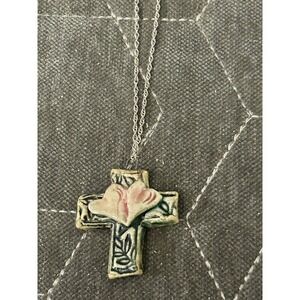 Vintage Sterling Silver 925 Necklace Ceramic Cross 18" Chain  #606
